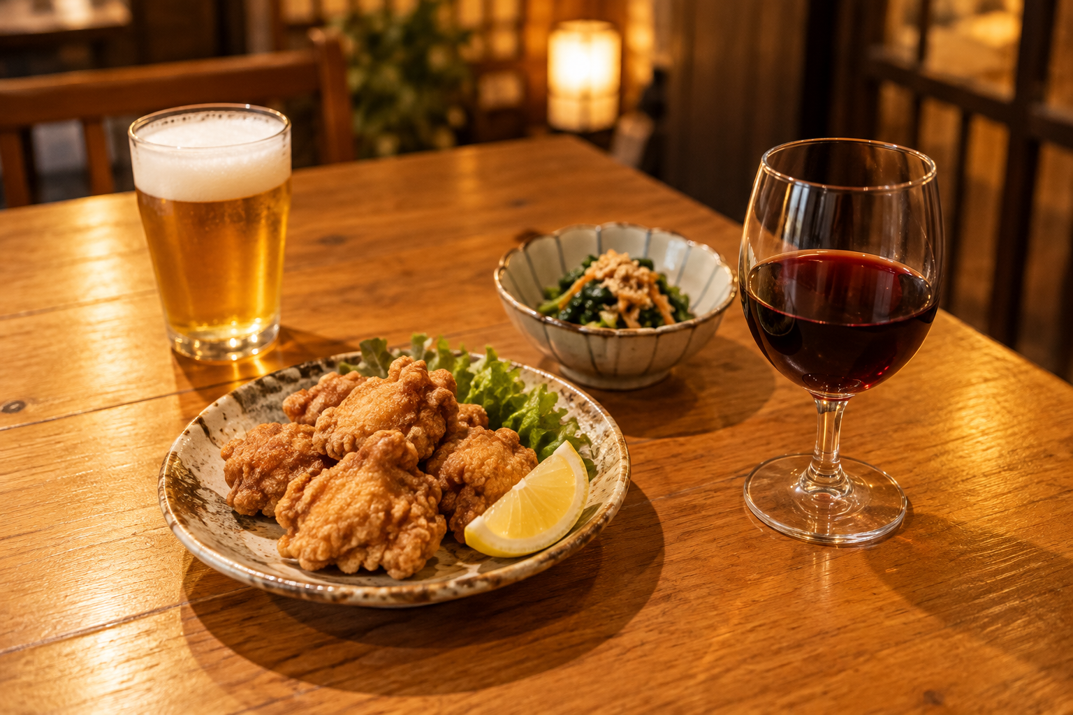 酒場のテーブルに並ぶ料理とグラスのイメージ